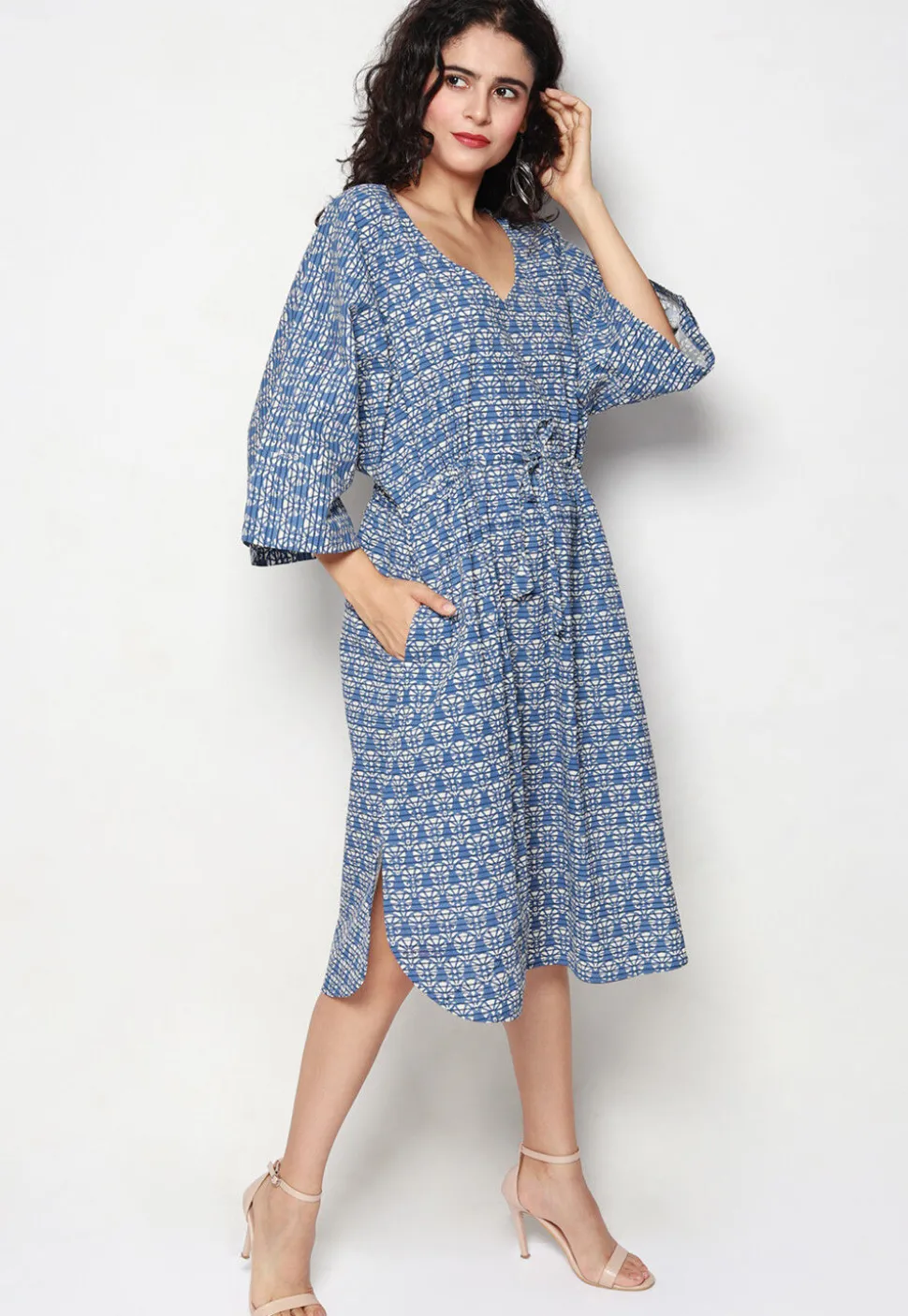 Block Printed Pure Cotton Clinged Waist Dress in Blue