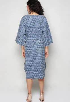 Block Printed Pure Cotton Clinged Waist Dress in Blue
