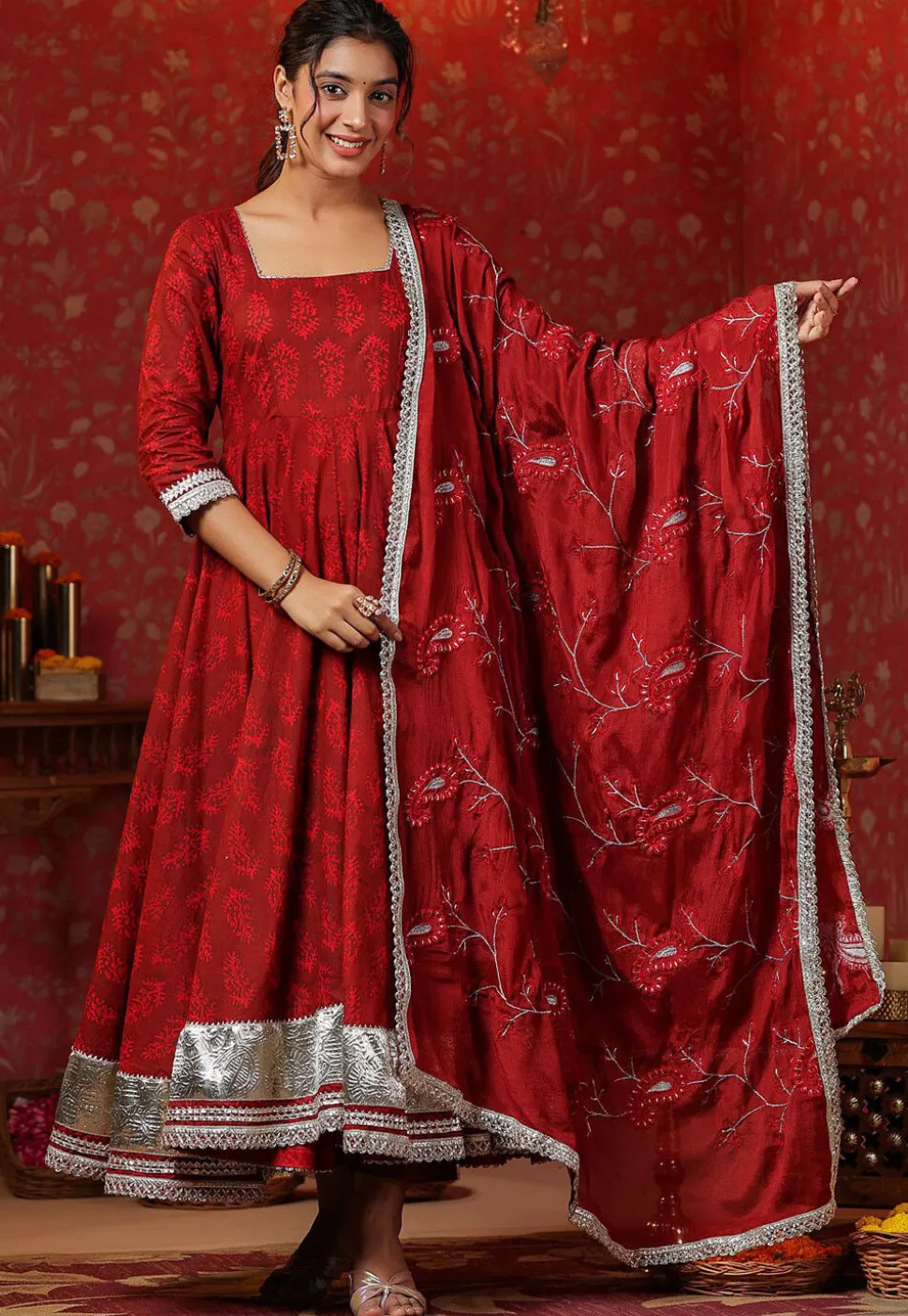 Block Printed Pure Cotton Aline Suit in Red