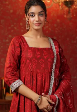 Block Printed Pure Cotton Aline Suit in Red