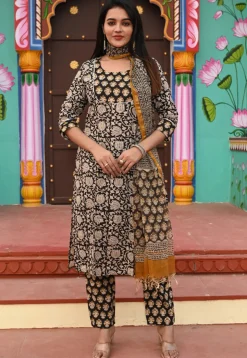 Block Printed Pure Cotton Pakistani Suit in Black