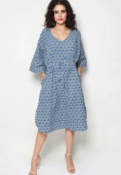 Block Printed Pure Cotton Kaftan Style Dress in Navy Blue