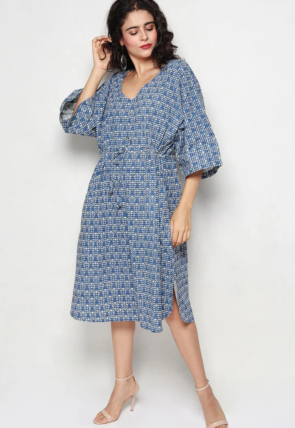Block Printed Pure Cotton Kaftan Style Dress in Navy Blue