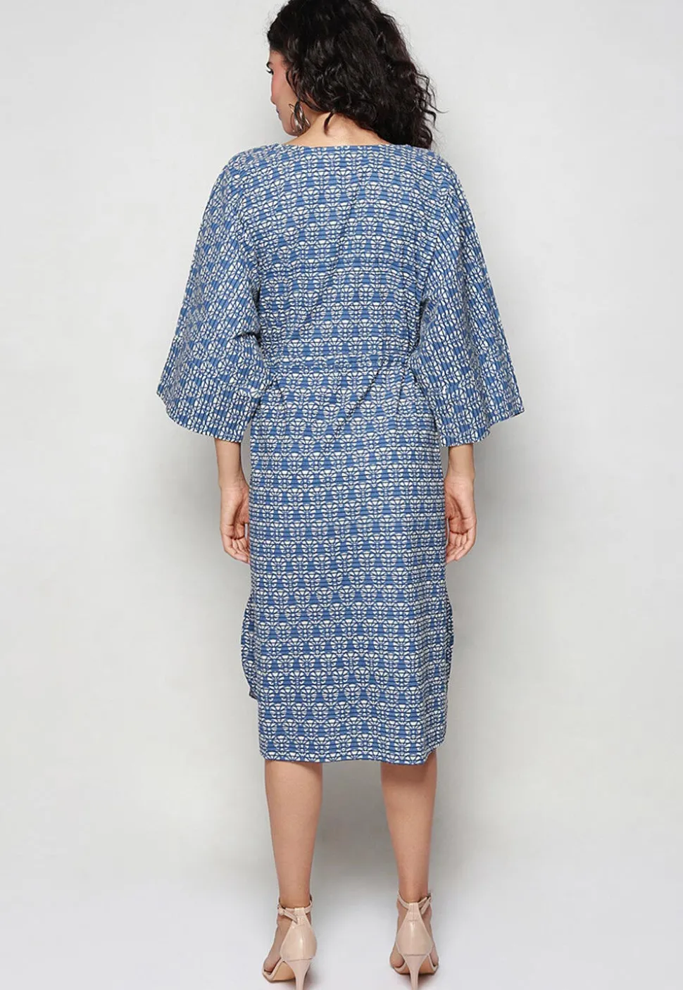 Block Printed Pure Cotton Kaftan Style Dress in Navy Blue
