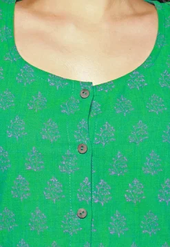 Block Printed Pure Cotton Aline Dress in Green