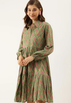 Block Printed Pure Cotton Tiered Short Dress in Dusty Green