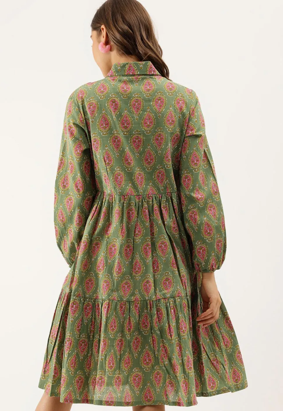 Block Printed Pure Cotton Tiered Short Dress in Dusty Green
