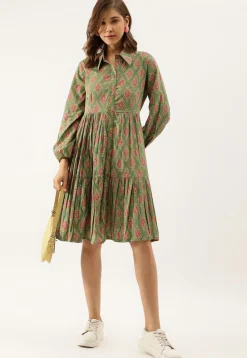 Block Printed Pure Cotton Tiered Short Dress in Dusty Green