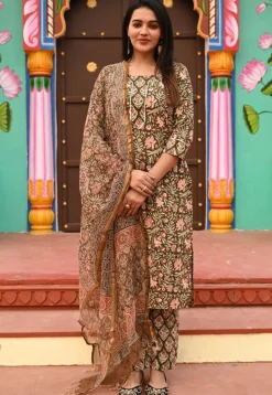 Block Printed Pure Cotton Pakistani Suit in Olive Green
