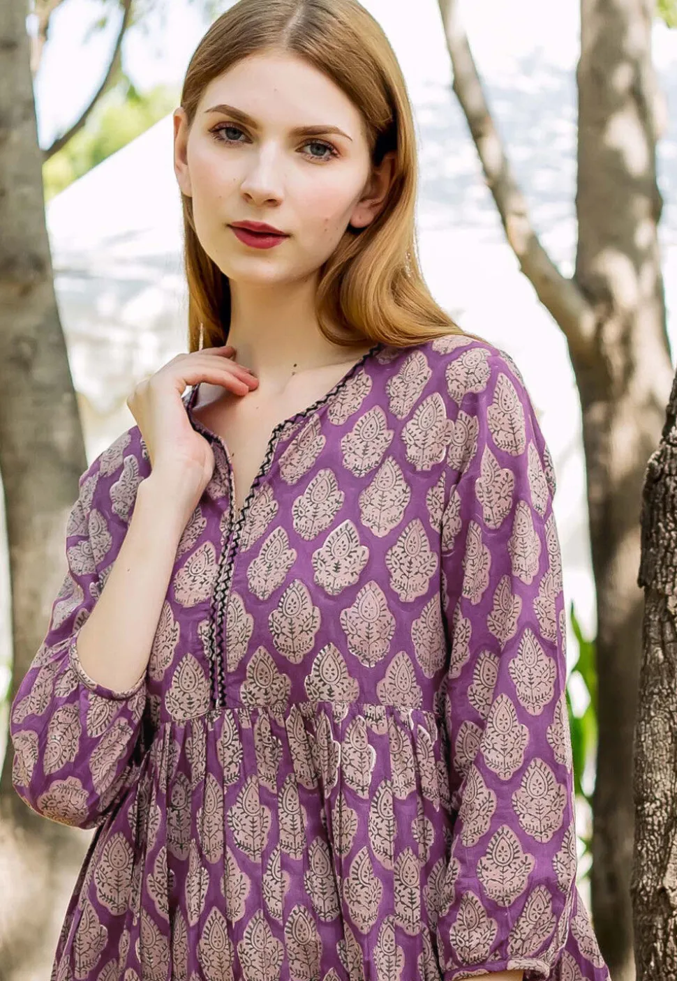 Block Printed Pure Cotton Tunic in Dark Magenta