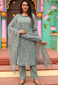 Block Printed Pure Cotton Pakistani Suit in Grey