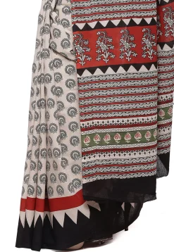 Block Printed Pure Cotton Saree in Light Beige