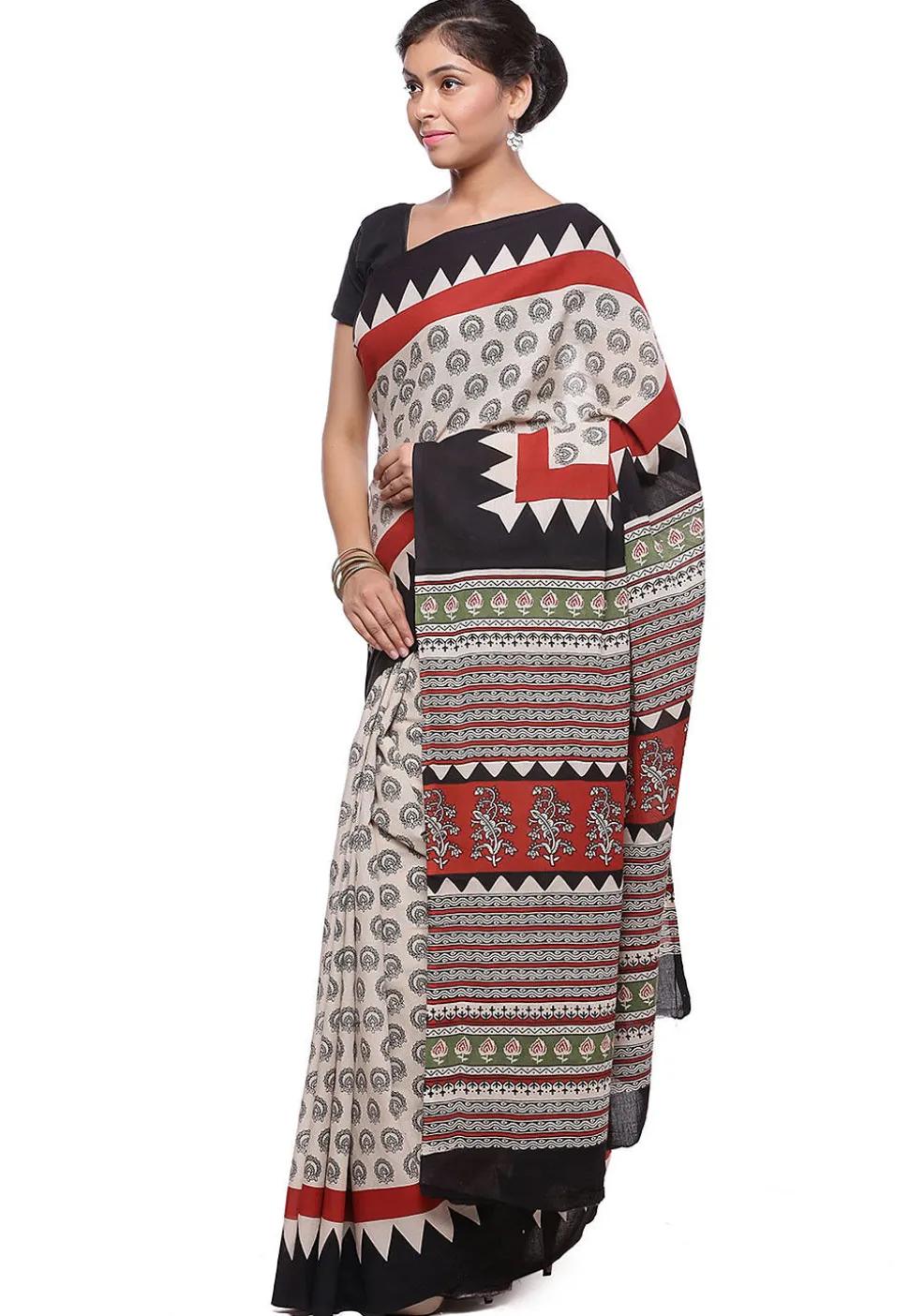 Block Printed Pure Cotton Saree in Light Beige