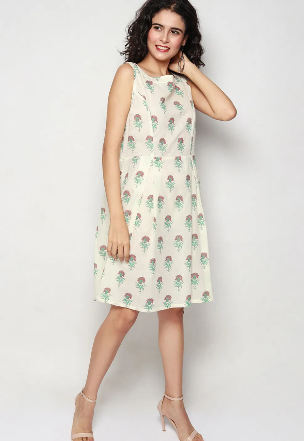 Block Printed Pure Cotton Aline Dress in Off White