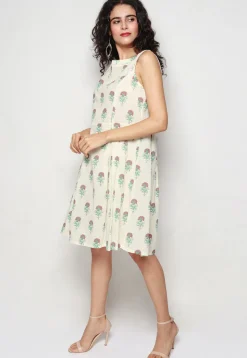 Block Printed Pure Cotton Aline Dress in Off White
