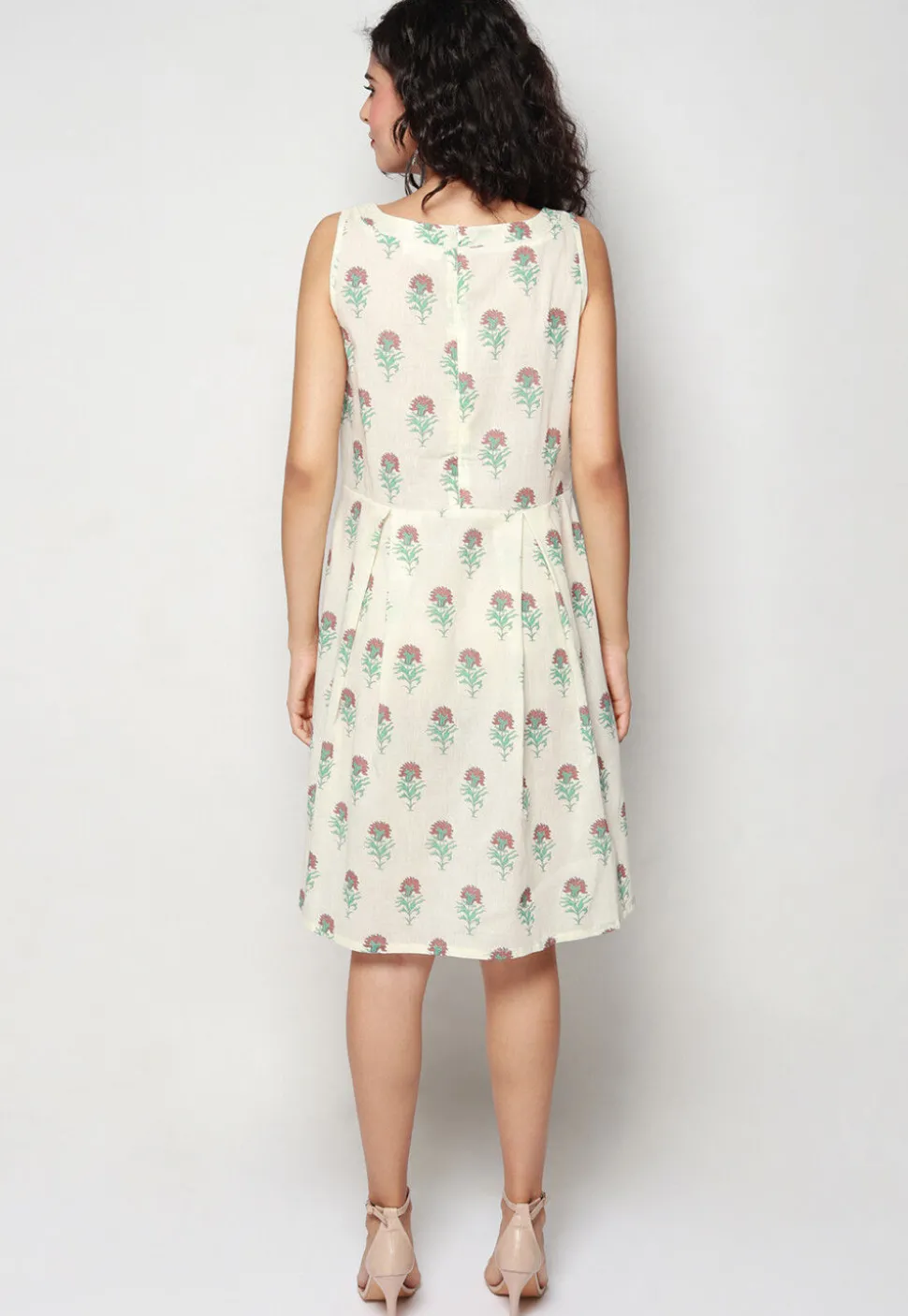 Block Printed Pure Cotton Aline Dress in Off White