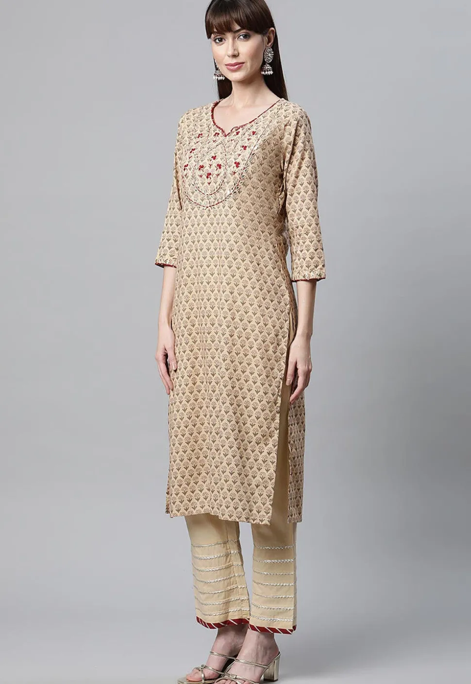 Block Printed Pure Cotton Pakistani Suit in Beige