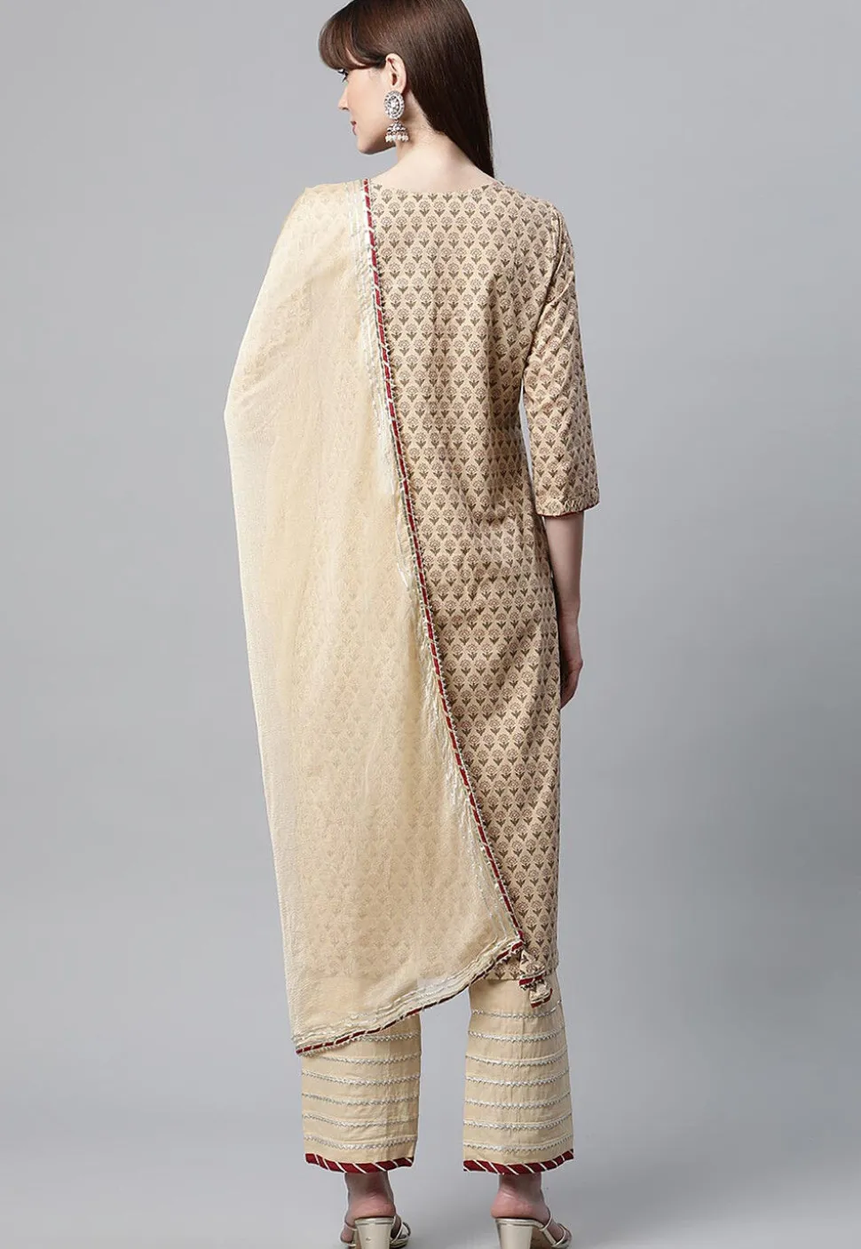 Block Printed Pure Cotton Pakistani Suit in Beige