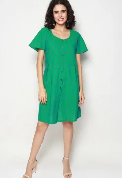 Block Printed Pure Cotton Aline Dress in Green