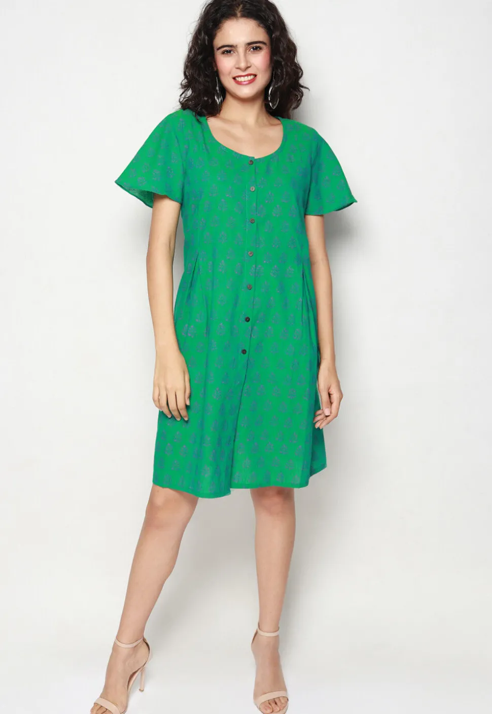 Block Printed Pure Cotton Aline Dress in Green