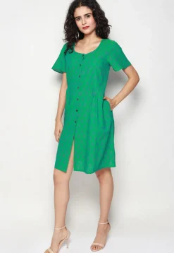 Block Printed Pure Cotton Aline Dress in Green