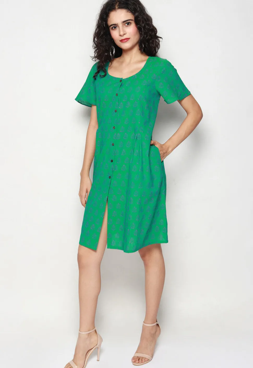 Block Printed Pure Cotton Aline Dress in Green