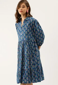Block Printed Pure Cotton Tiered Short Dress in Navy Blue