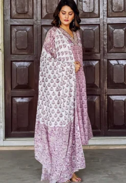 Block Printed Pure Cotton A Line Suit in Light Purple