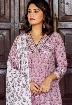 Block Printed Pure Cotton A Line Suit in Light Purple