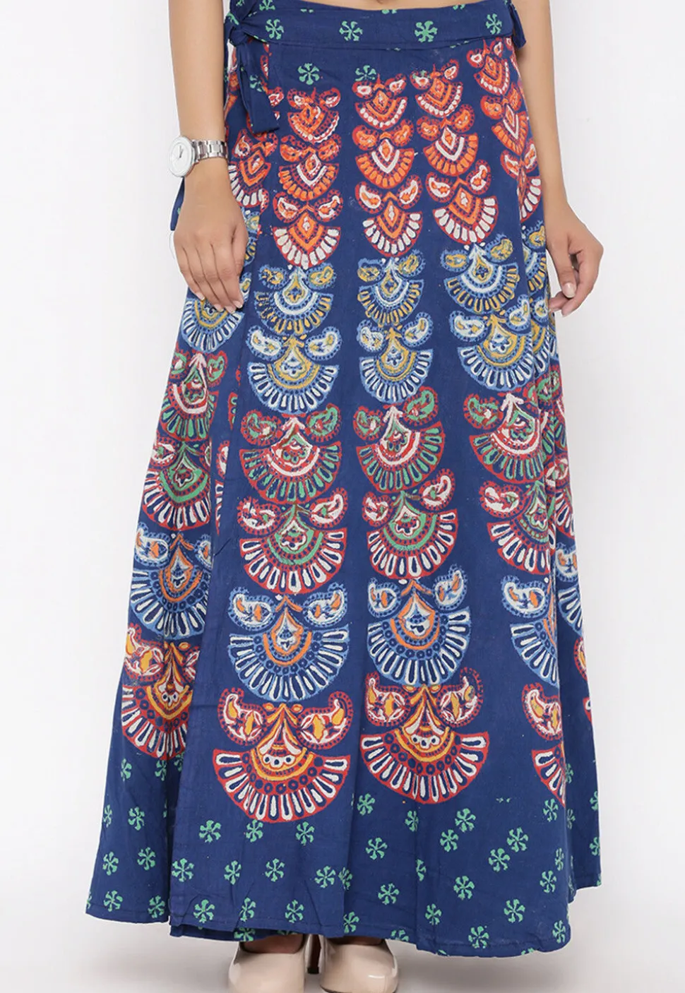 Block Printed Pure Cotton Wrap Around Skirt in Navy Blue