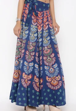 Block Printed Pure Cotton Wrap Around Skirt in Navy Blue
