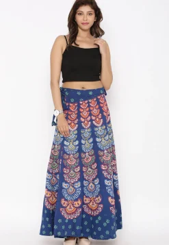 Block Printed Pure Cotton Wrap Around Skirt in Navy Blue