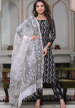 Block Printed Pure Cotton Pakistani Suit in Black