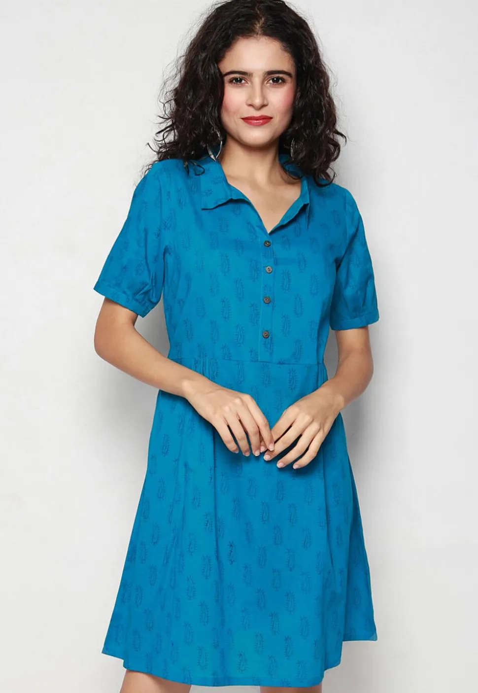 Block Printed Pure Cotton Aline Dress in Blue