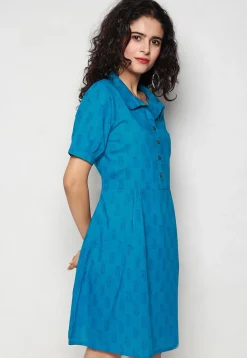 Block Printed Pure Cotton Aline Dress in Blue