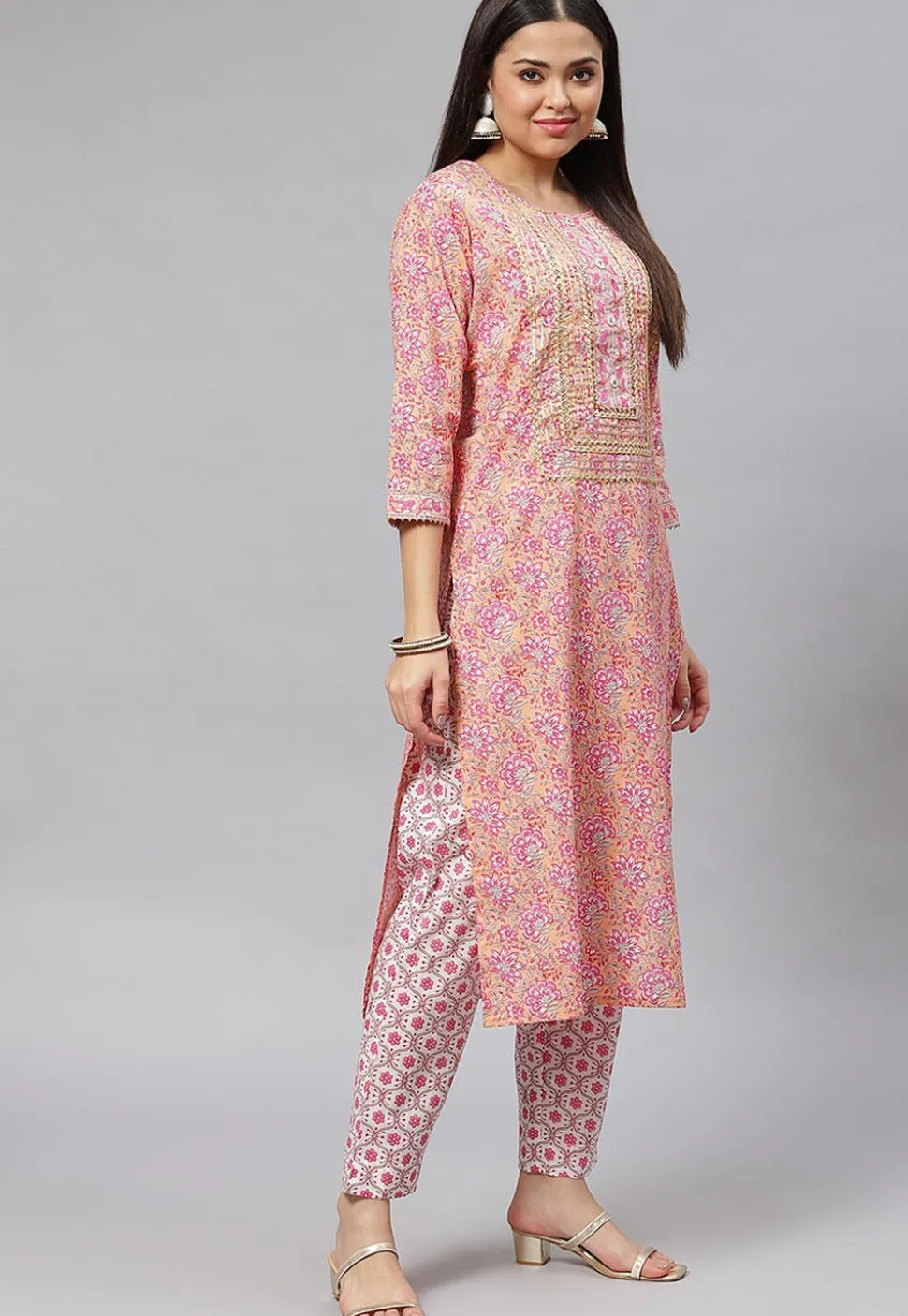 Block Printed Pure Cotton Pakistani Suit in Peach