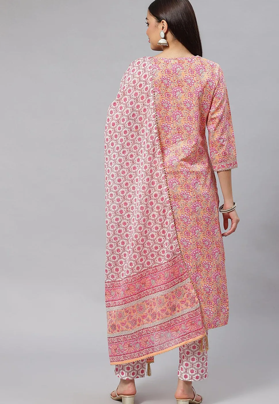Block Printed Pure Cotton Pakistani Suit in Peach