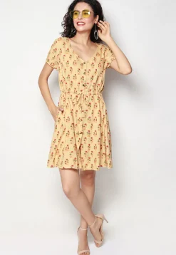 Block Printed Pure Cotton Clinged Waist Dress in Beige