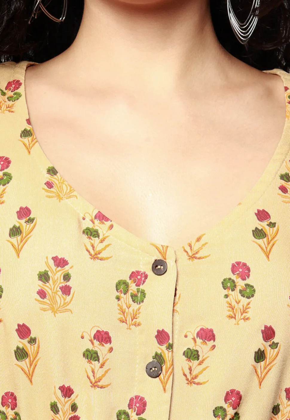 Block Printed Pure Cotton Clinged Waist Dress in Beige