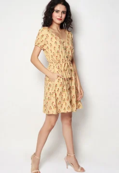 Block Printed Pure Cotton Clinged Waist Dress in Beige