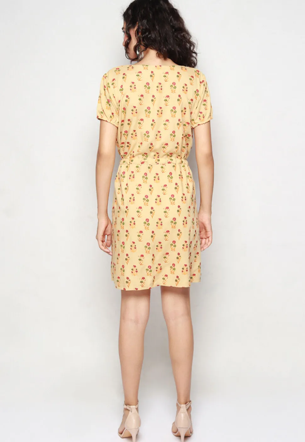 Block Printed Pure Cotton Clinged Waist Dress in Beige
