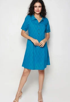 Block Printed Pure Cotton Aline Dress in Blue