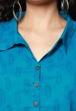 Block Printed Pure Cotton Aline Dress in Blue