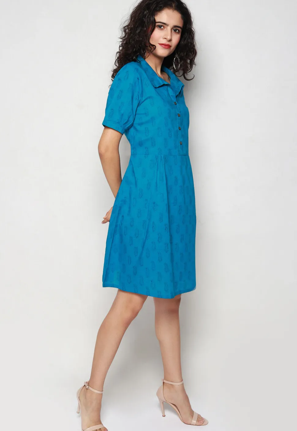 Block Printed Pure Cotton Aline Dress in Blue