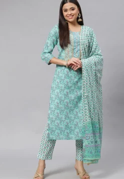 Block Printed Pure Cotton Pakistani Suit in Light Blue