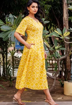 Block Printed Pure Cotton A Line Dress in Yellow