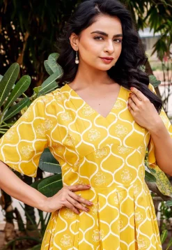 Block Printed Pure Cotton A Line Dress in Yellow