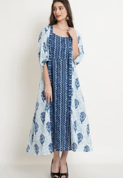 Block Printed Pure Cotton Dress Shrug Set in Blue