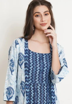 Block Printed Pure Cotton Dress Shrug Set in Blue