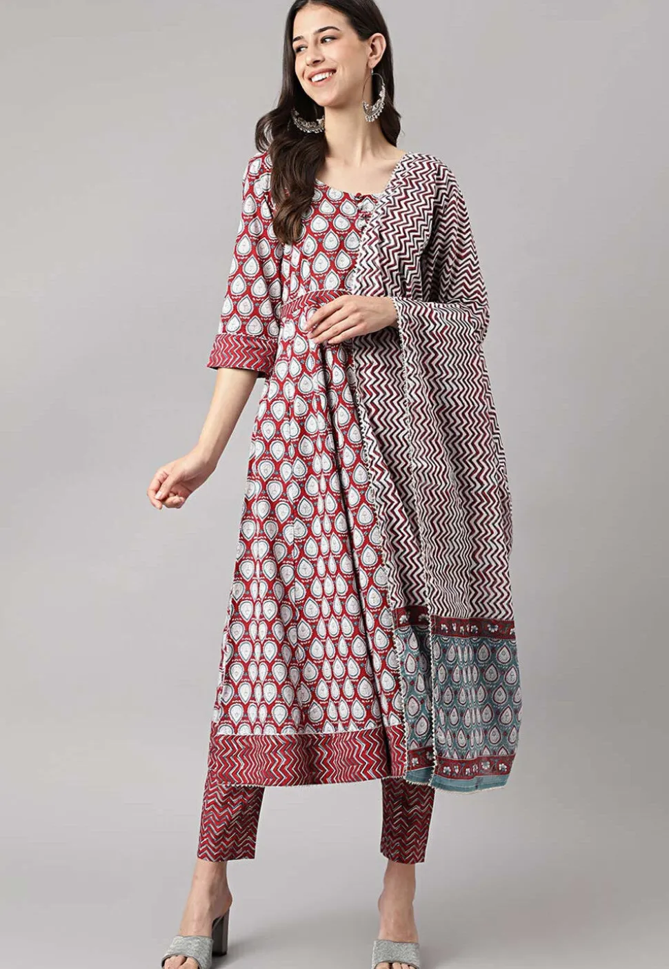 Block Printed Pure Cotton Pakistani Suit in Maroon